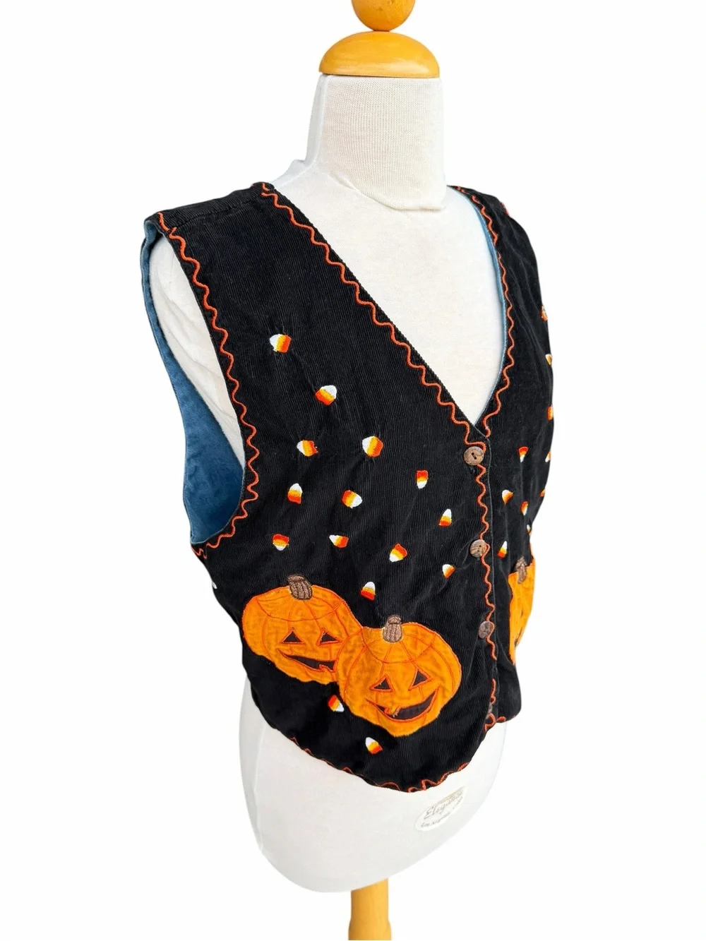 VTG Jack O Lantern Candy Corn Novelty Vest Candy Corn Corduroy Reversible 12 GUC